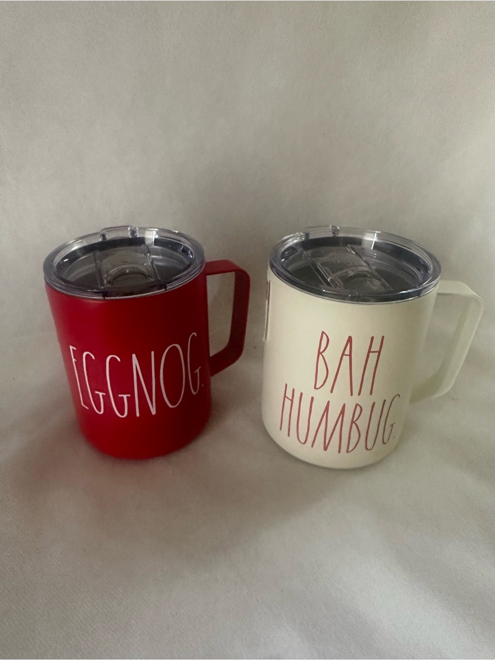 Rae Dunn Holiday Insulated Mugs — Eggnog , Bah Humbug 12 Oz New